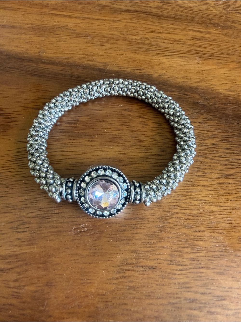 Silver Beaded Stretch Bracelet with Crystal Accent